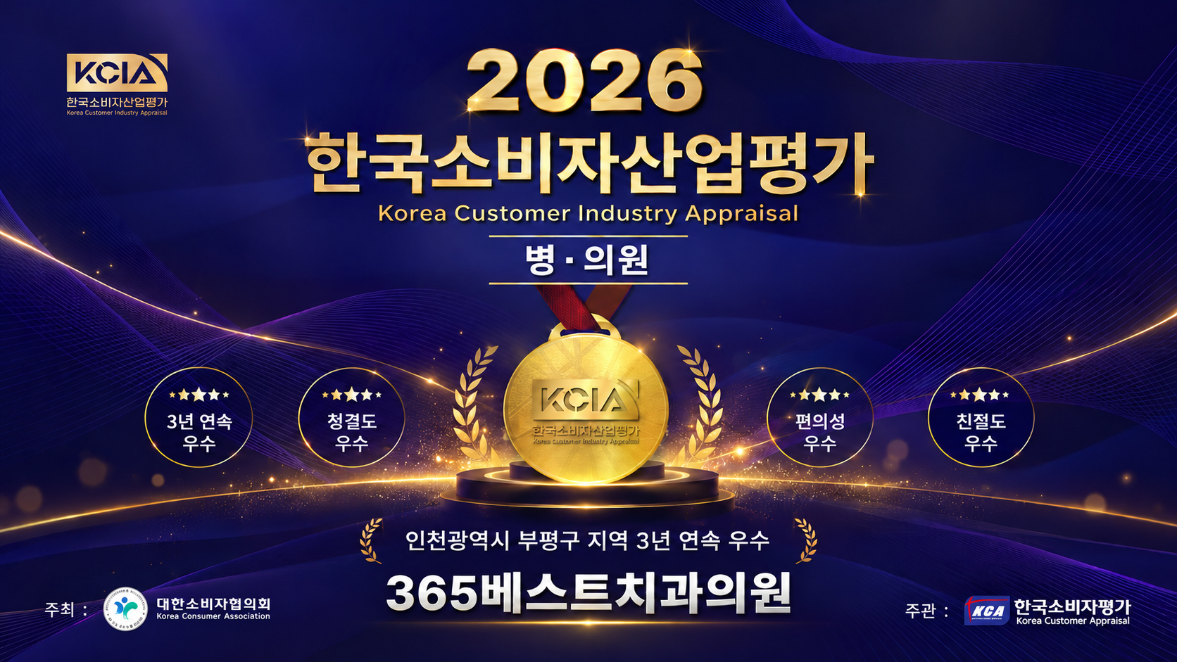 2026 한국소비자산업평가 병·의원 부문, 인천광역시 부평구 지역 3년 연속 우수 365베스트치과의원 홍보 이미지.